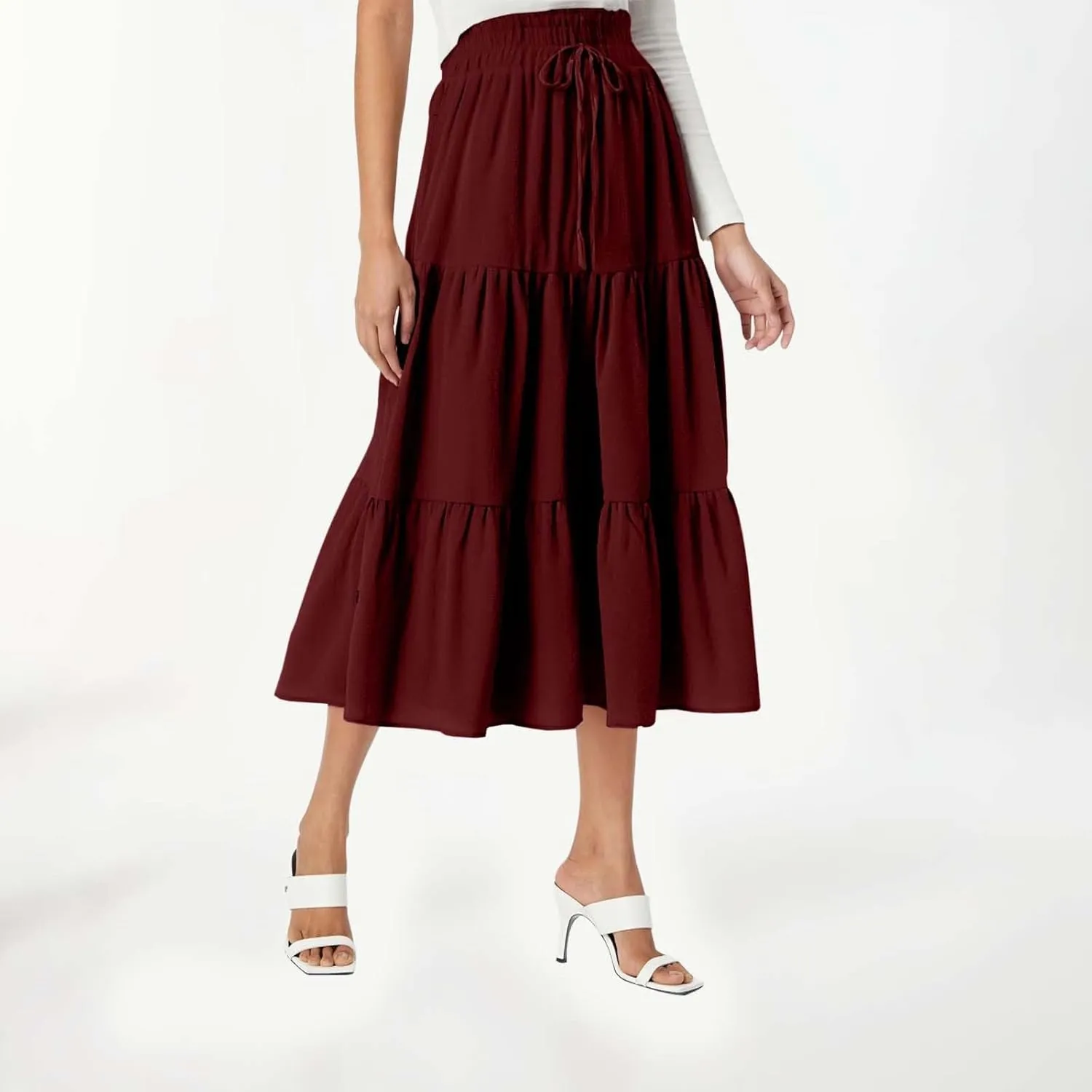Womens Summer Maxi Skirt Flowy Elastic High Waist Pleated A-Line Skirts Boho Tiered Beach Long Skirts 2025 Trendy