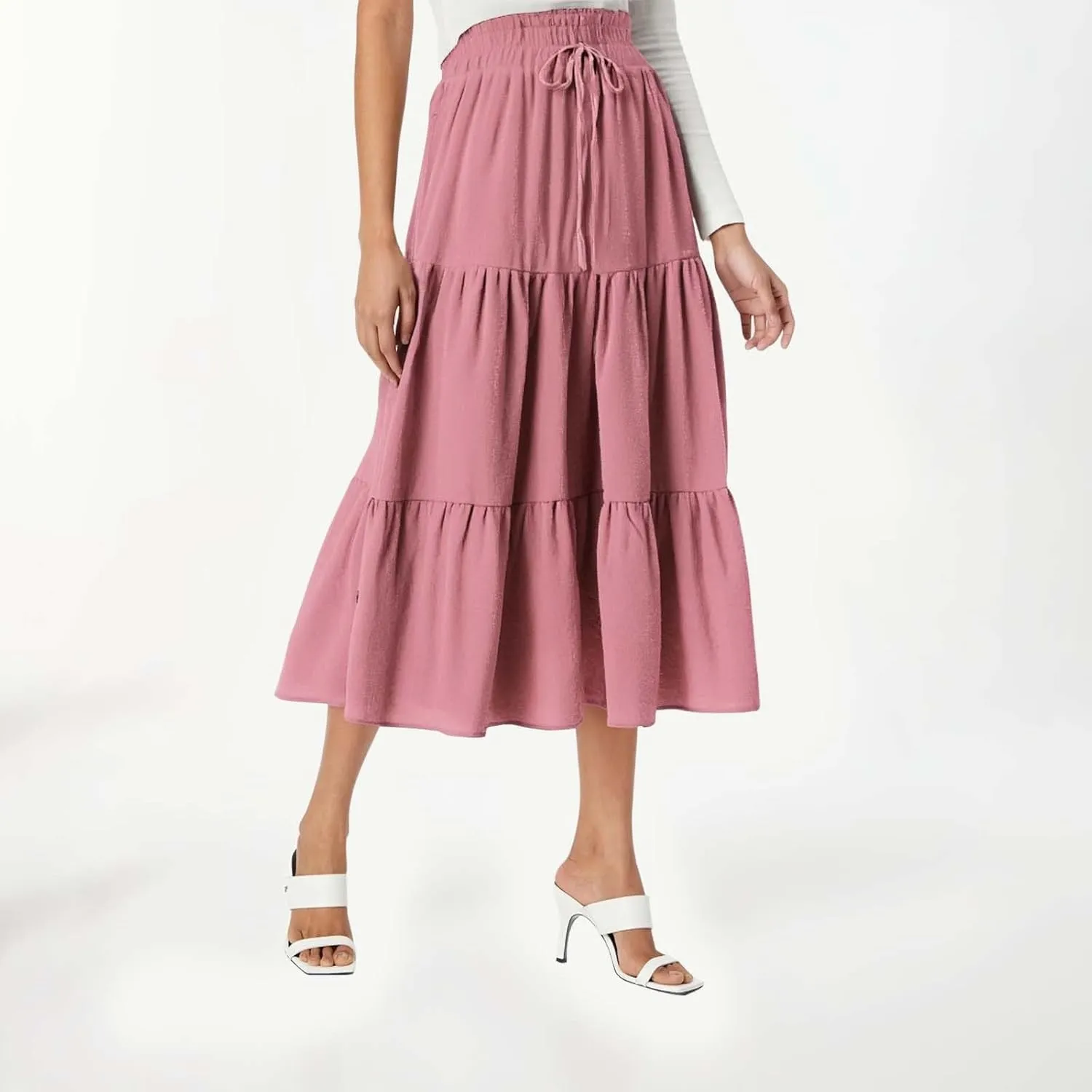 Womens Summer Maxi Skirt Flowy Elastic High Waist Pleated A-Line Skirts Boho Tiered Beach Long Skirts 2025 Trendy