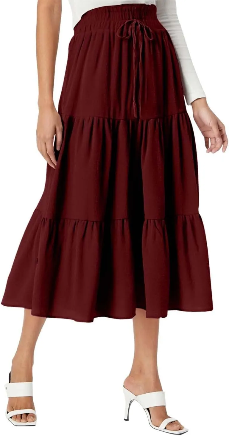 Womens Summer Maxi Skirt Flowy Elastic High Waist Pleated A-Line Skirts Boho Tiered Beach Long Skirts 2025 Trendy