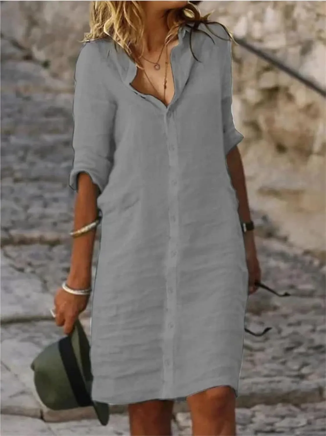 Women's Summer Midi Shirt Dresses Cotton Linen Dress Button Down 1/2 Sleeve Lapel Dresses Casual Beach Vacation Dress