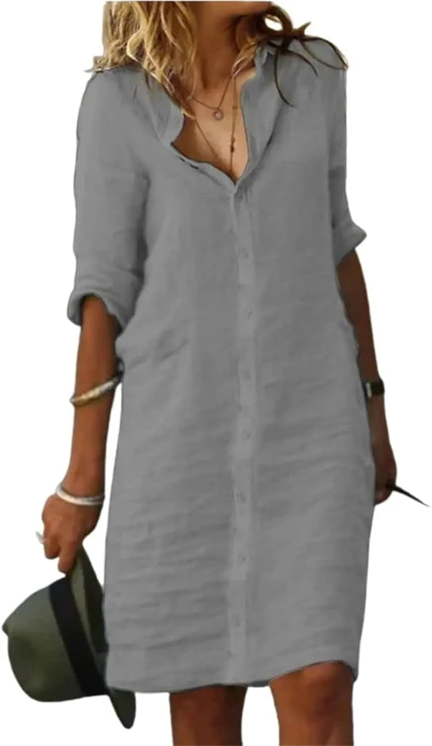 Women's Summer Midi Shirt Dresses Cotton Linen Dress Button Down 1/2 Sleeve Lapel Dresses Casual Beach Vacation Dress