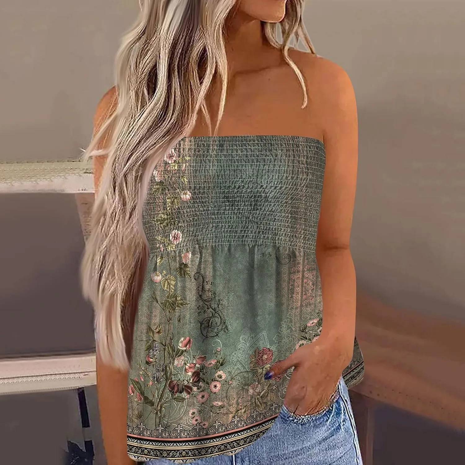 Women's Tube Tops Summer Casual Bandeau Tank Casual Strapless Blouse Off The Shoulder Tunic Shirts Plus Size